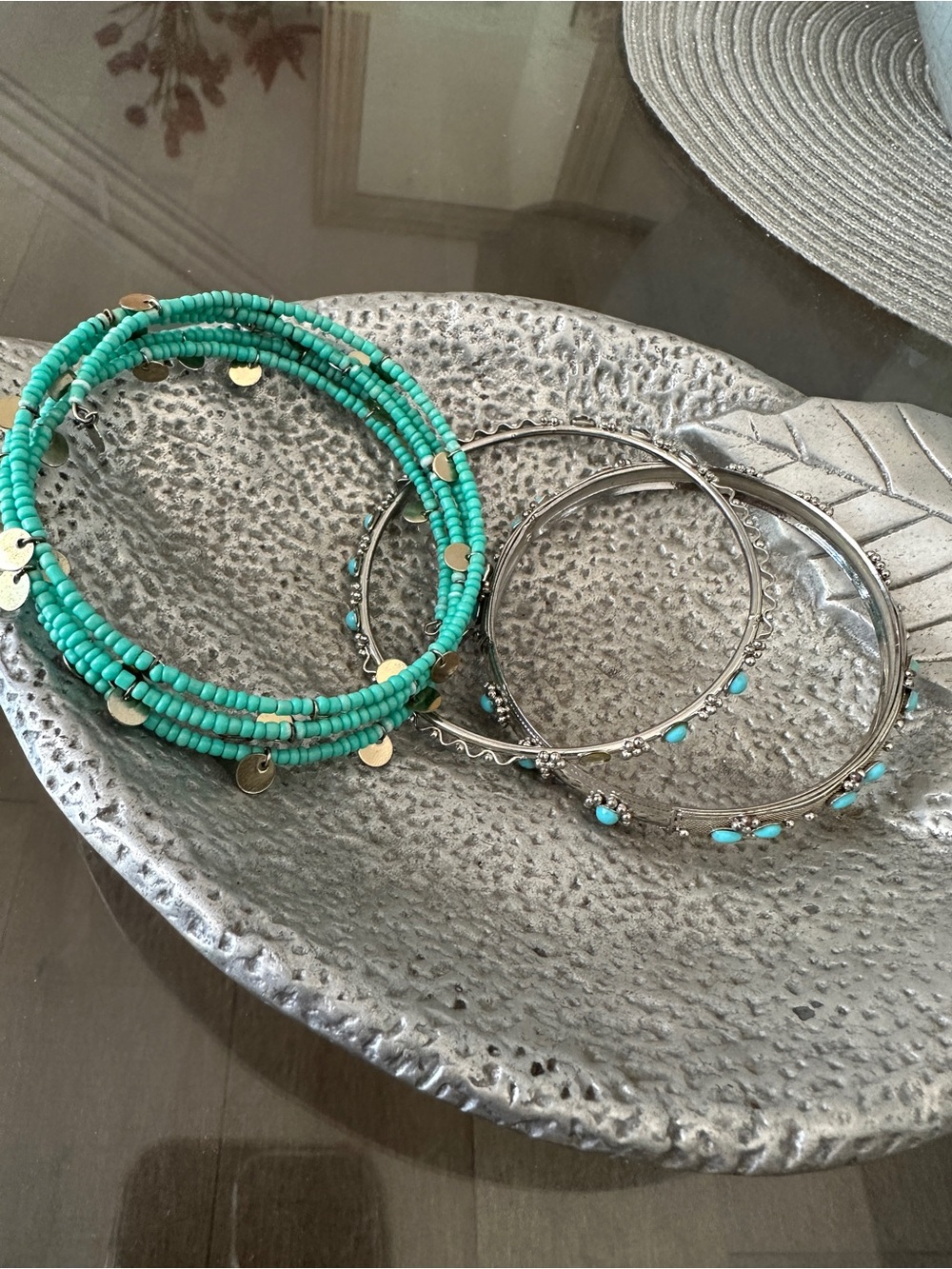 Turquoise Beaded and Silver-Tone Bangle Bracelet Set